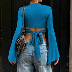 Blue Twist Front Flare Sleeve Top