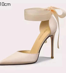 Beige Silk Ribbon-Tie Heels | Platform Bow Ankle Party Pumps