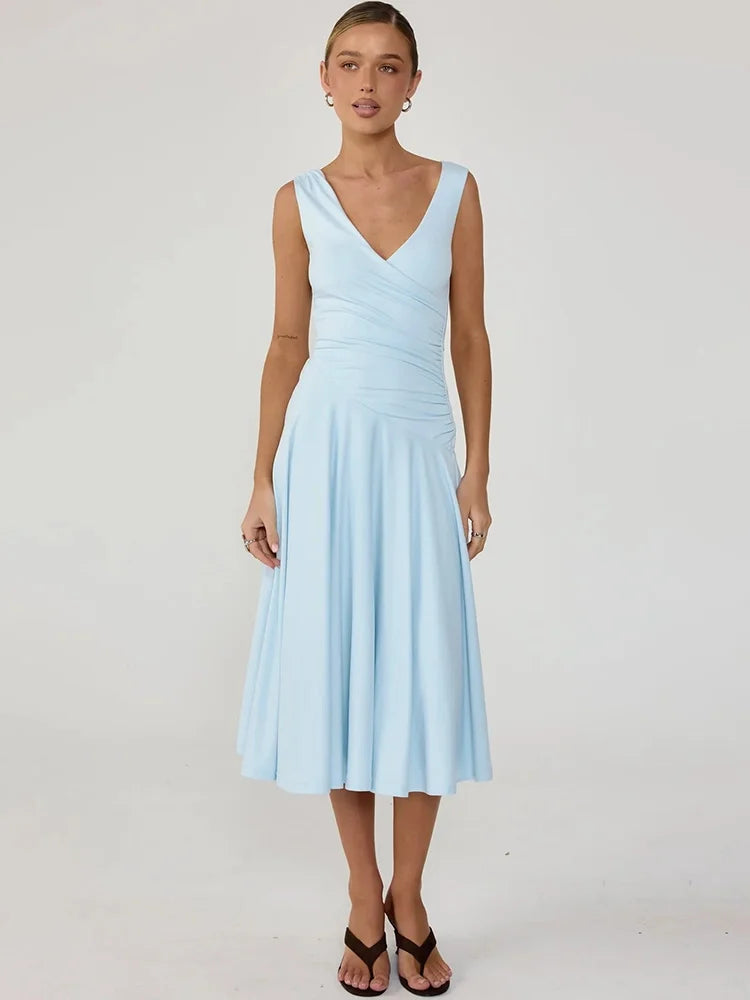 Light blue v-neck ruched midi dress