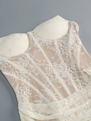 White Strapless Lace Corset Folds Draped Dress
