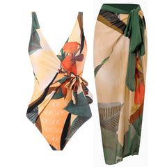 Tie-Strap V-Neck One-Piece Swimsuit with Matching Sarong Set