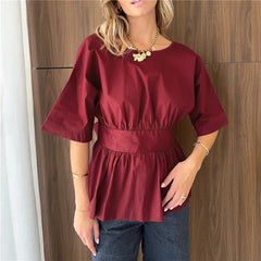Bow Tie Waist Ruffle Hem Blouse