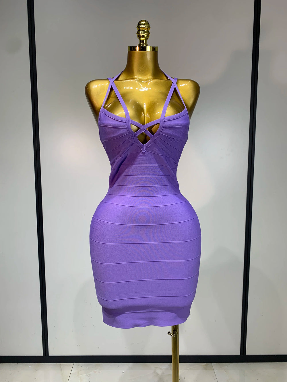 Purple crisscross halter mini dress