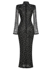 Black Turtleneck Mesh Diamond Long Sleeve Gown