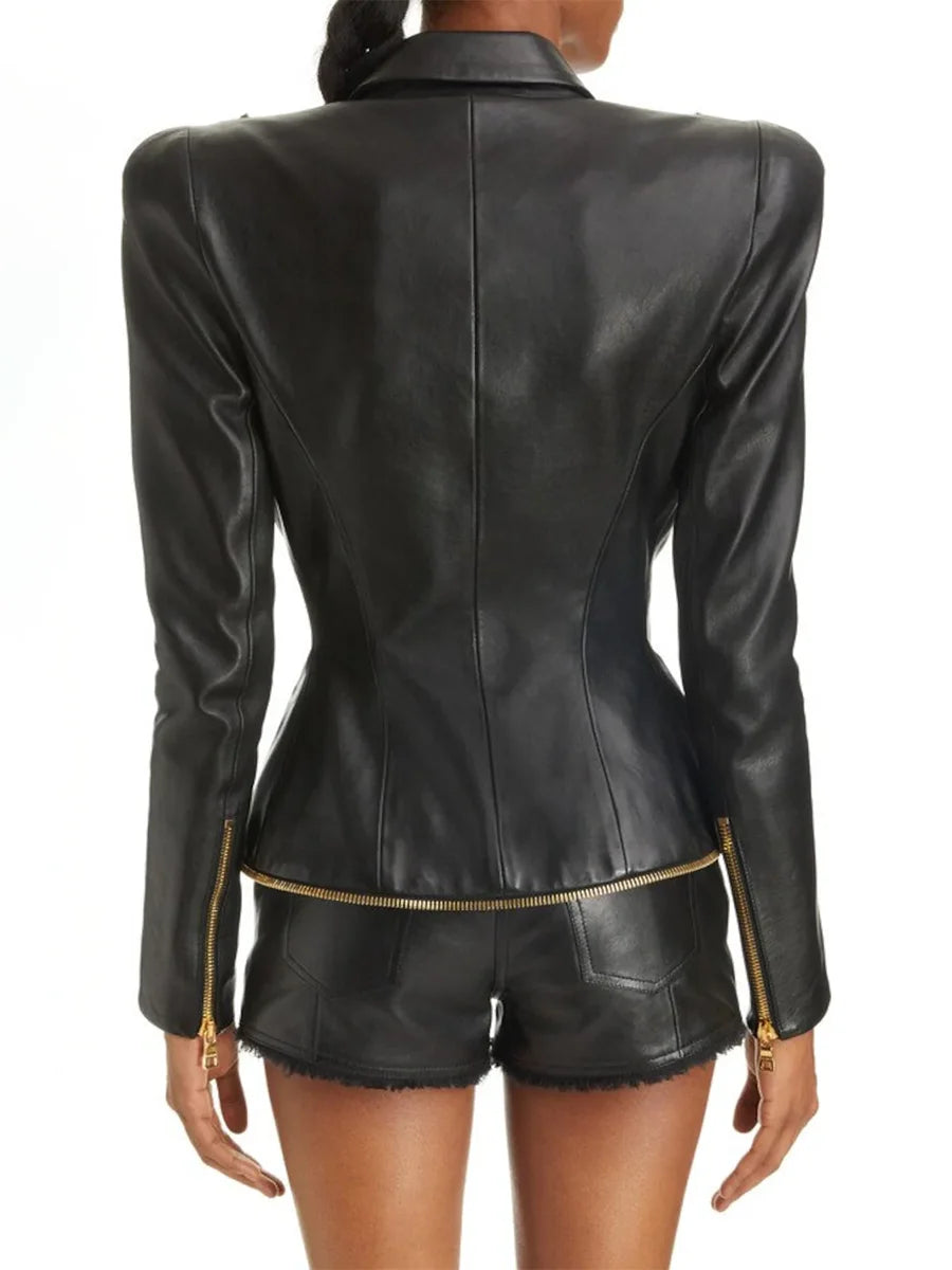 Faux Leather Double Breasted Blazer Back View