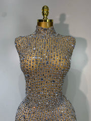 Rhinestone High Neck Sleeveless Dress
