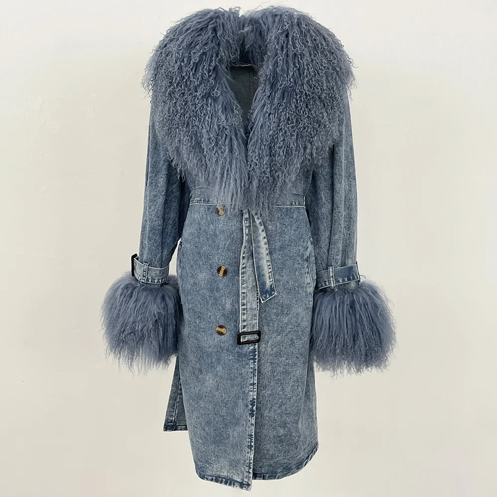 Blue denim coat with fluffy fur trim on a beige background