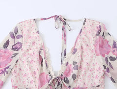 Detail of the V-neck and tie on the floral print mesh dress