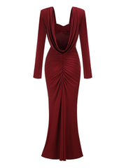 Burgundy Long Sleeve Draped Corset Maxi Dress
