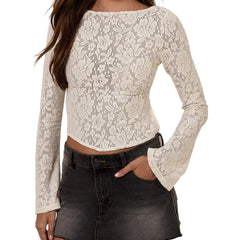 Lace long-sleeve top worn by a person on a white background