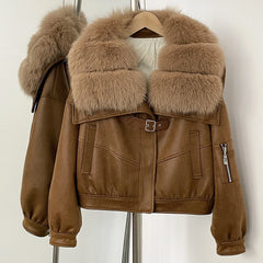 Brown jacket with fur collar on a hanger against a white background
