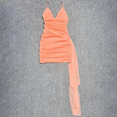 Orange Spaghetti Strap Pleated Bodycon Mini Dress