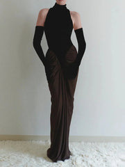 Ruched Draped Turtleneck Maxi Dress