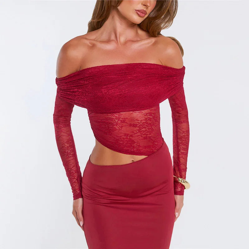 Red off-shoulder top with long sleeves on a white background