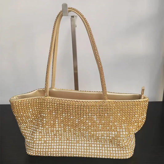 Gold crystal-embellished tote bag with chain straps