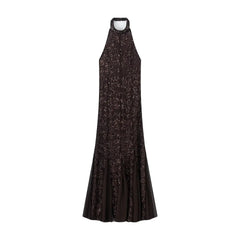 Black sequin halter neck gown on a white background