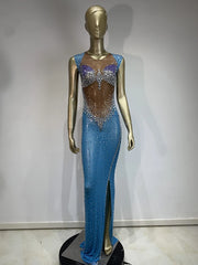 Blue Rhinestone Mesh Column Dress