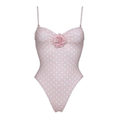 Pink Polka Dot Swimwear Set with Flower Accent