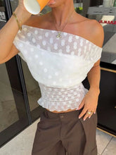White polka dot mesh one-shoulder crop top with smocked bodice