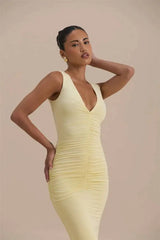 Solid Ruched Deep V-Neck Sleeveless Maxi Dress