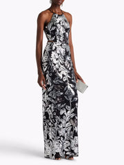 Silver Floral Sequin Halter Gown – Elegant Evening Dress