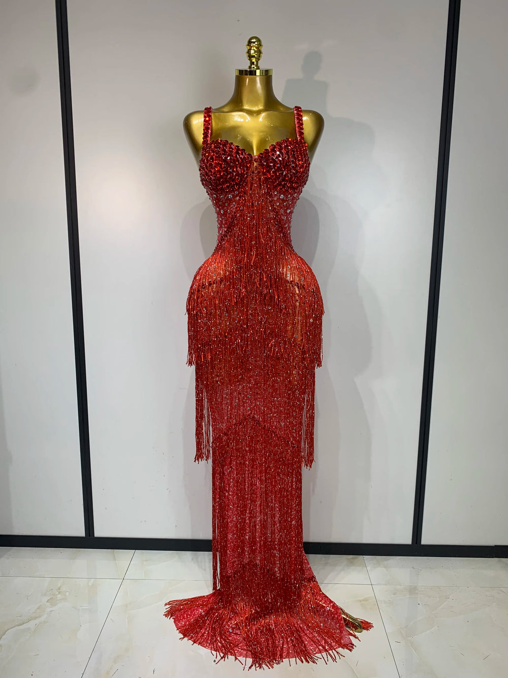 Red rhinestone fringe long dress