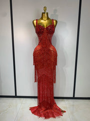 Red rhinestone strap maxi dress with fringe