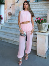 Sleeveless ruched crop top and flowing wide-leg pants set