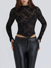 Person wearing a black lace top and black leather pants on a white background