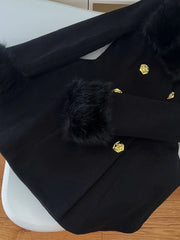 Fur Collar Black Woollen Coat Double Breasted Buckle Dress