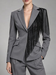 Grey sequin embellished lapel blazer with hand detail