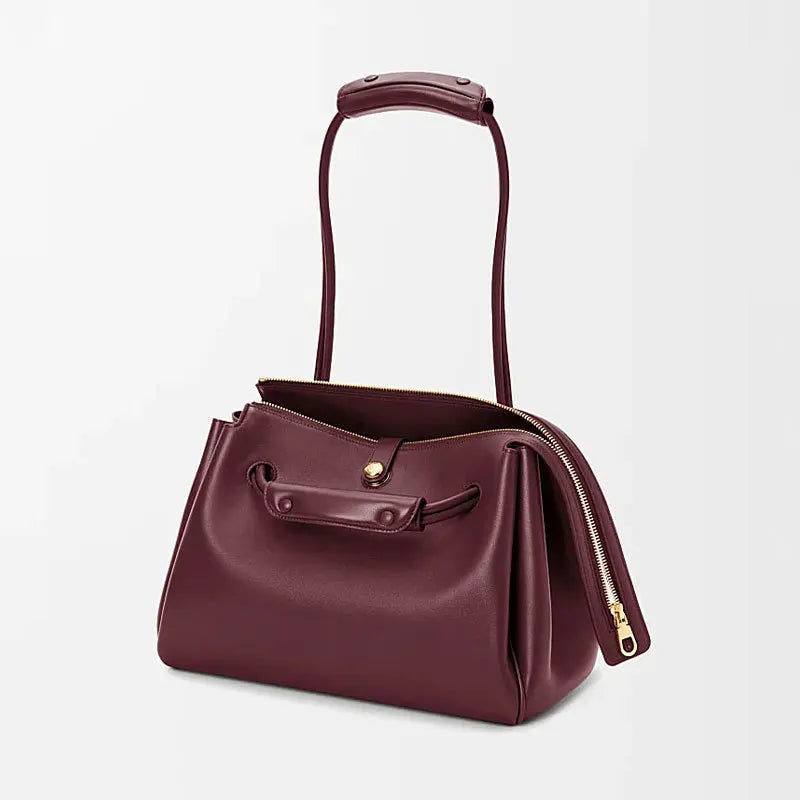 wine bordeaux structured leather shoulder bag with gold zipper