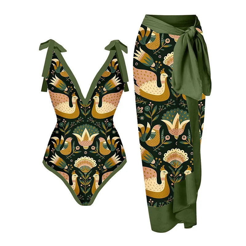 V-neck tie-strap swimsuit with folk bird print and matching wrap skirt