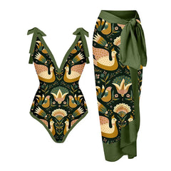 V-neck tie-strap swimsuit with folk bird print and matching wrap skirt