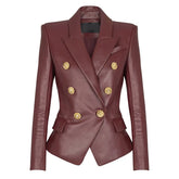 Double breasted leather blazer with lion buttons