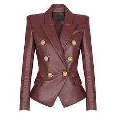 Double breasted leather blazer with lion buttons