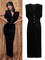 Black Velvet V-Neck Sleeveless Padded Shoulder Midi Dress