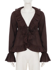 Ruffle V-Neck Long Sleeve Chiffon Blouse