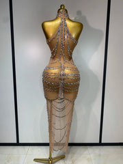 Chain Embellished Halter Mesh Gown