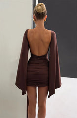 Draped Long Flare Sleeve Backless Bodycon Mini Dress
