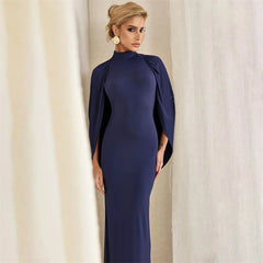 Mock Neck Cape Draped Open Back Maxi Dress