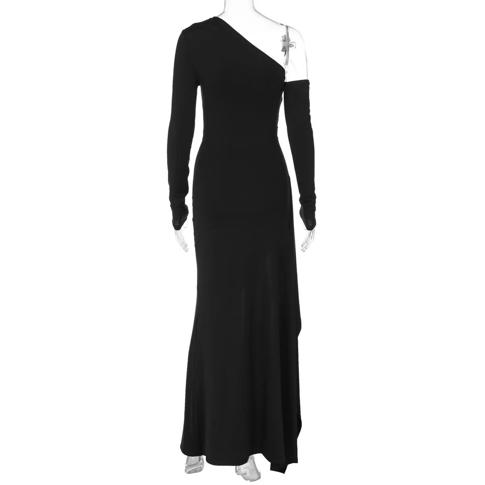 Black one-shoulder evening gown on a mannequin against a white background