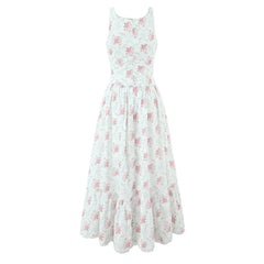 White Print Spliced Maxi Dress - Lace Up Slimming A-Line
