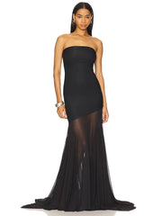 Black strapless gown with sheer overlay on a white background