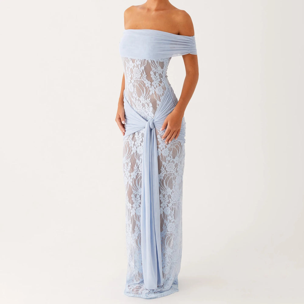 Light blue off-shoulder lace gown on a white background