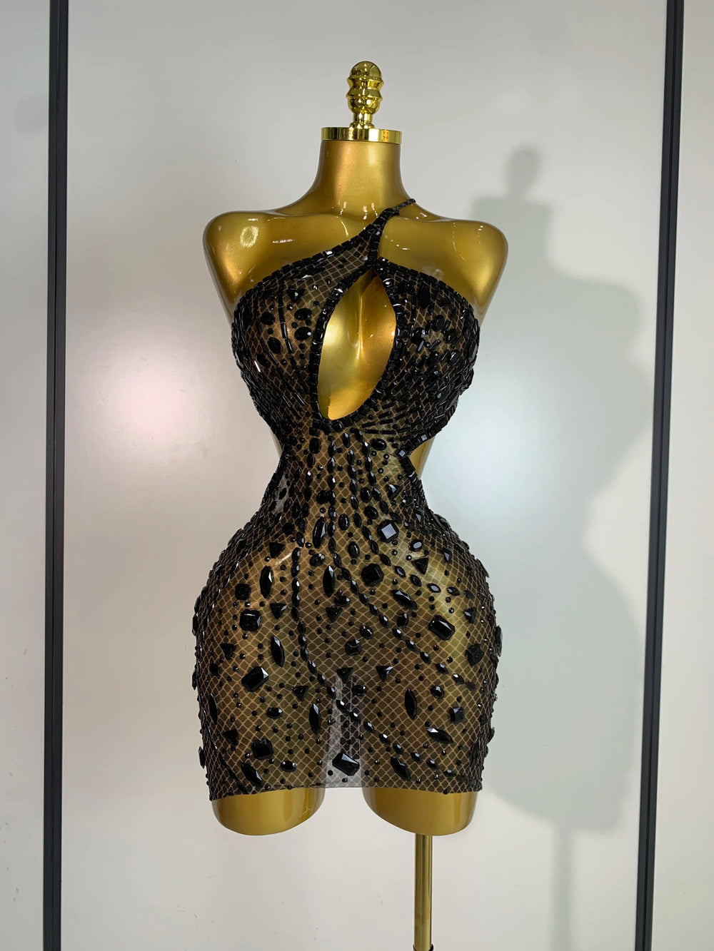 Black crystal embellished mini dress