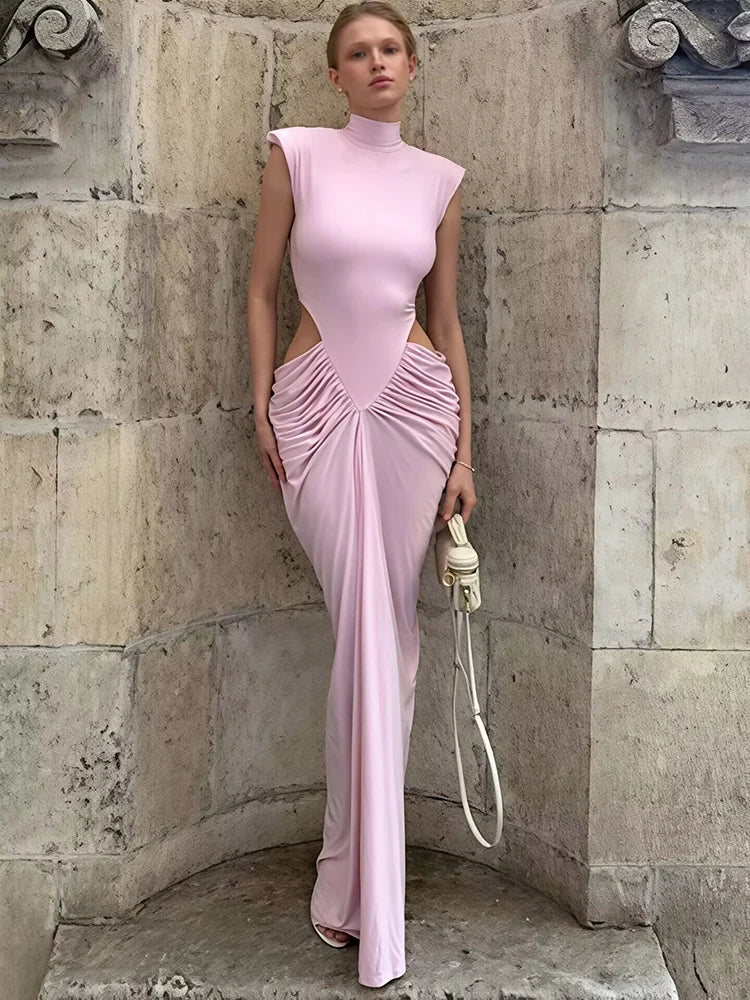 Pink cutout ruched mock neck sleeveless maxi dress with handbag