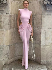 Pink cutout ruched mock neck sleeveless maxi dress with handbag