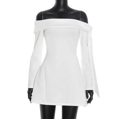 White off-shoulder dress on a mannequin against a white background
