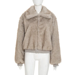 Beige faux fur jacket on a mannequin